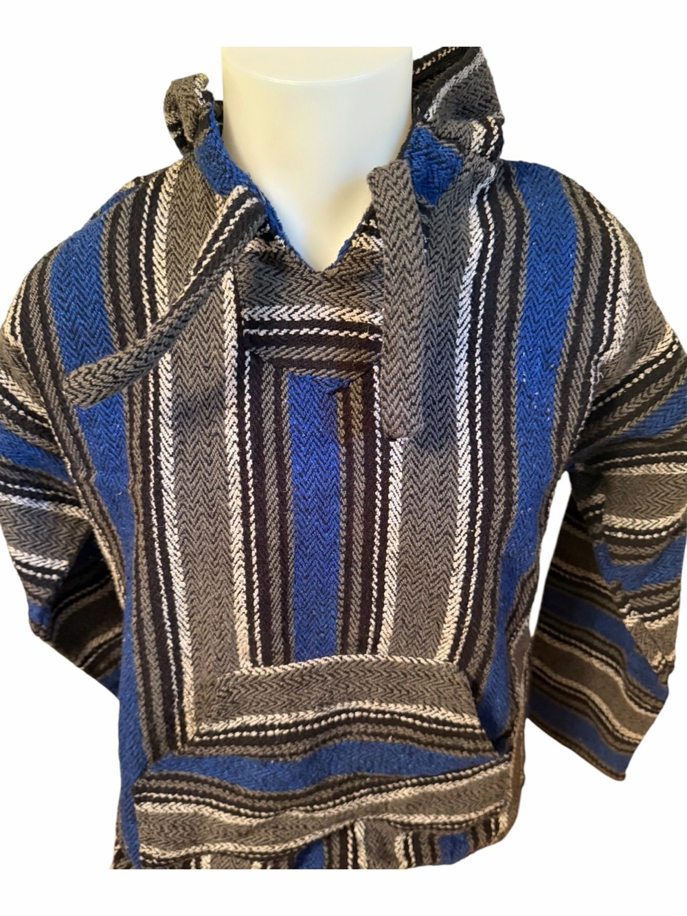 Earth Ragz Baja Hoodie Mens XL Blue Black Striped Jerga Pullover Boho Excellent